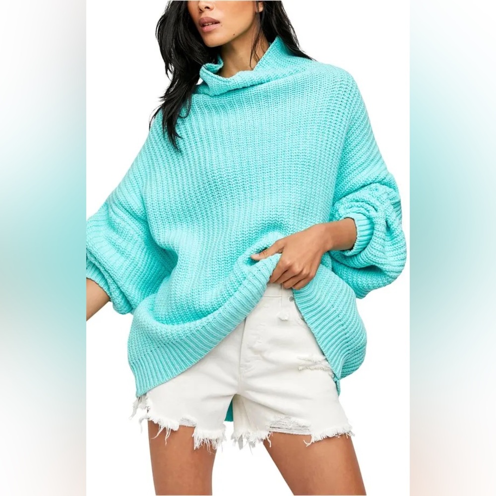 Free People Swim Too Deep Turtleneck Sweater in Aqua Size Large New